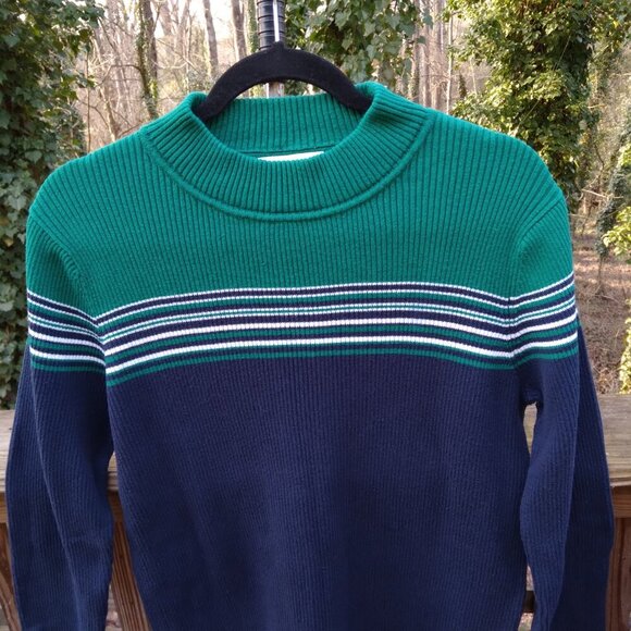 Appleseeds100%Cotton KellyGreen MockNeck White Stripes Navy Torso & Sleeves SzL - Picture 2 of 7